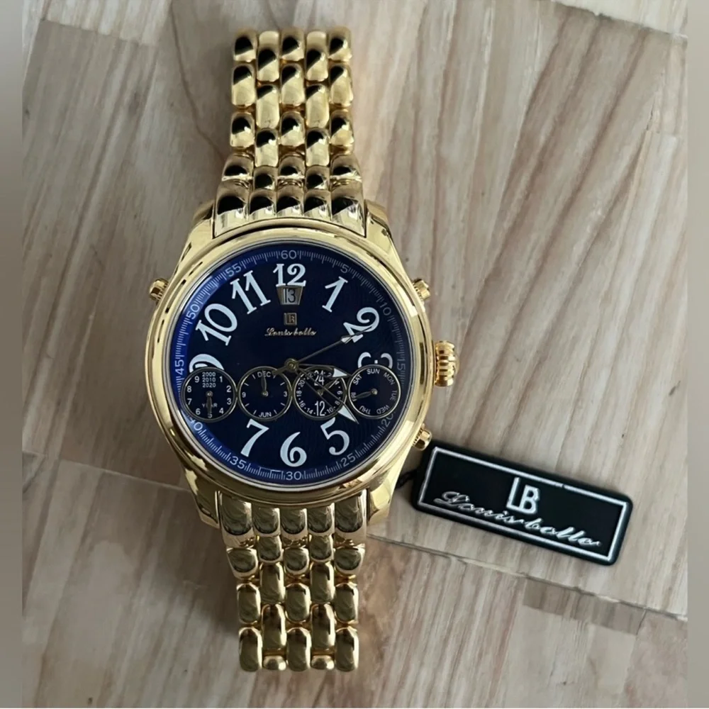 Louis Bolle Men's Automatic Chronograph Style Blue Dial Gold-Tone Weave Bracelet